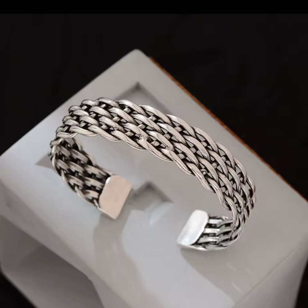 Men’s Woven Bangle 12mm Bracelet Solid 925 Sterling Silver Wristband